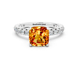 White gold Cushion Cut Citrine Pavé Solitaire Ring with Round Band and Prong Setting_12