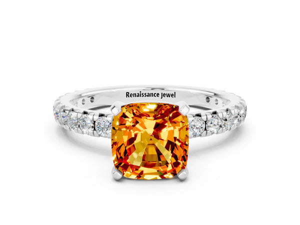 Silver Cushion Cut Citrine Pavé Solitaire Ring with Round Band and Prong Setting