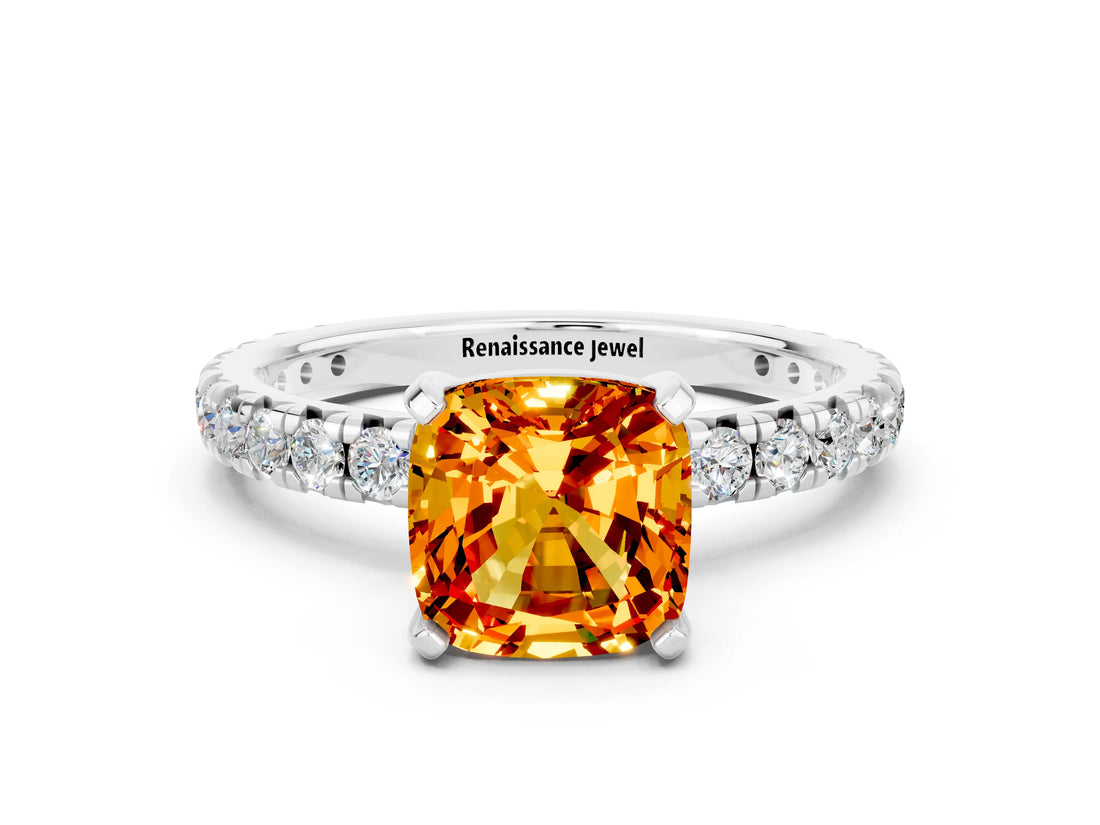 White gold Cushion Cut Citrine Pavé Solitaire Ring with Round Band and Prong Setting_12