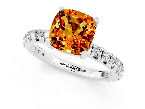 Platinum Cushion Cut Citrine Pavé Solitaire Ring with Round Band and Prong Setting