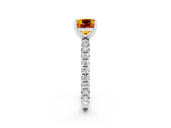 Silver Cushion Cut Citrine Pavé Solitaire Ring with Round Band and Prong Setting