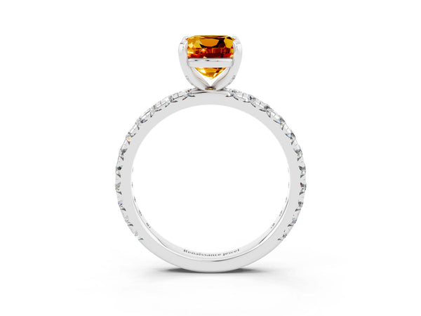 Silver Cushion Cut Citrine Pavé Solitaire Ring with Round Band and Prong Setting