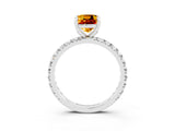 White gold Cushion Cut Citrine Pavé Solitaire Ring with Round Band and Prong Setting_15