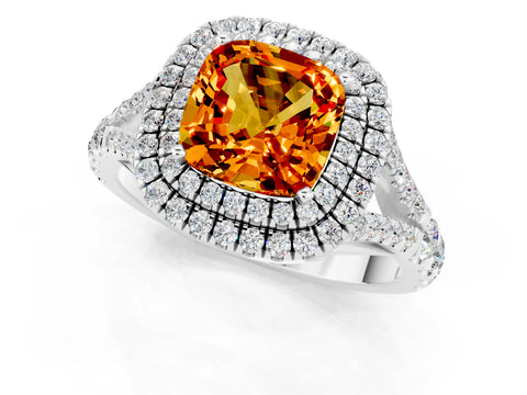 White gold Cushion Cut Citrine Pavé Split Shank Double Halo Engagement Ring_1