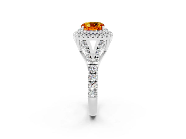 White gold Cushion Cut Citrine Pavé Split Shank Double Halo Engagement Ring
