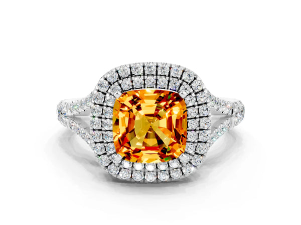 Silver Cushion Cut Citrine Pavé Split Shank Double Halo Engagement Ring