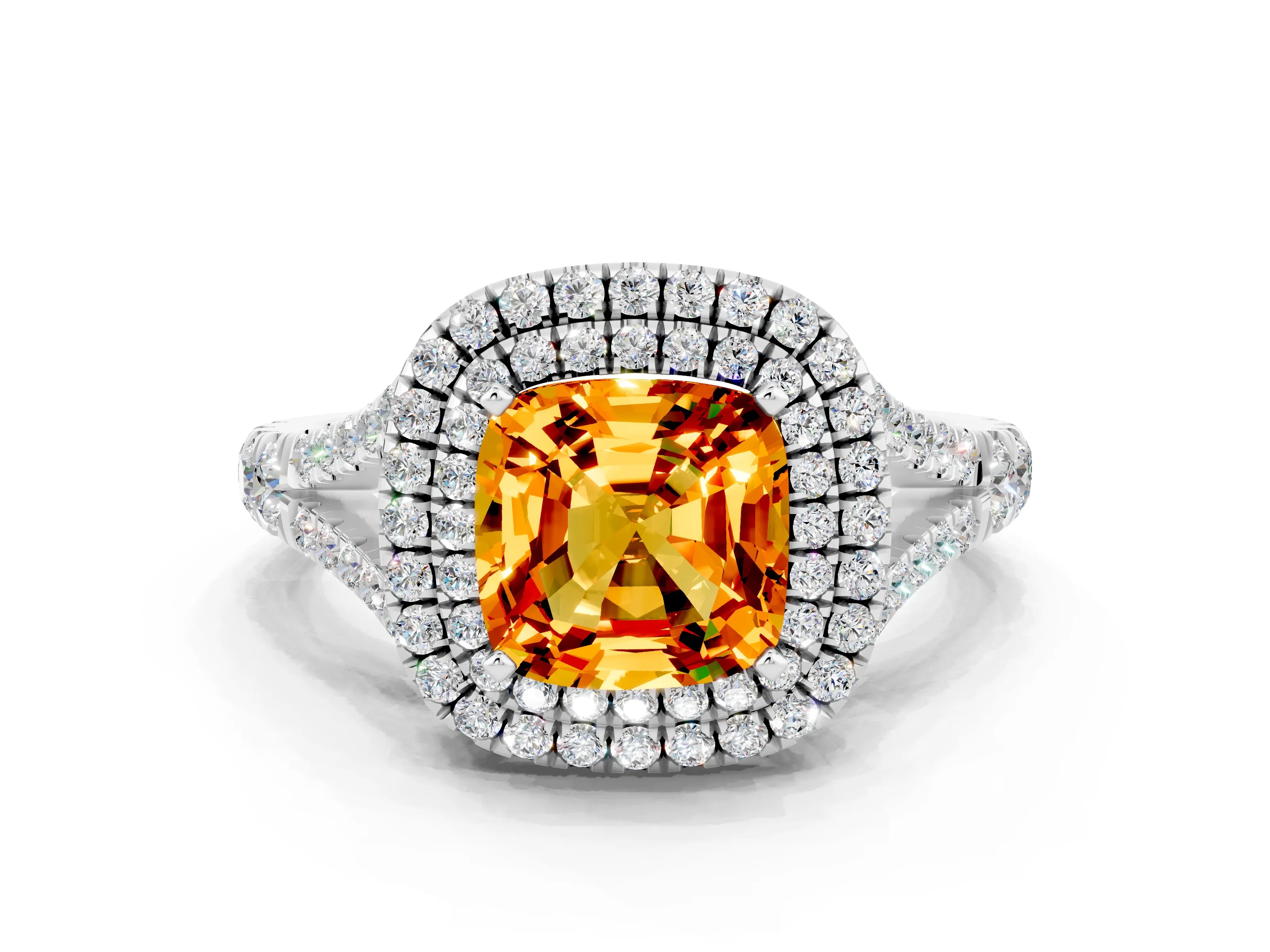 White gold Cushion Cut Citrine Pavé Split Shank Double Halo Engagement Ring