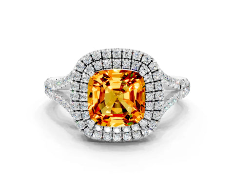 White gold Cushion Cut Citrine Pavé Split Shank Double Halo Engagement Ring