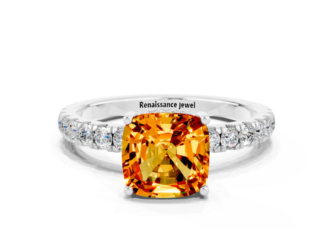 White gold Cushion Cut Citrine Pave Band Solitaire Ring with Four-Prong Setting_24
