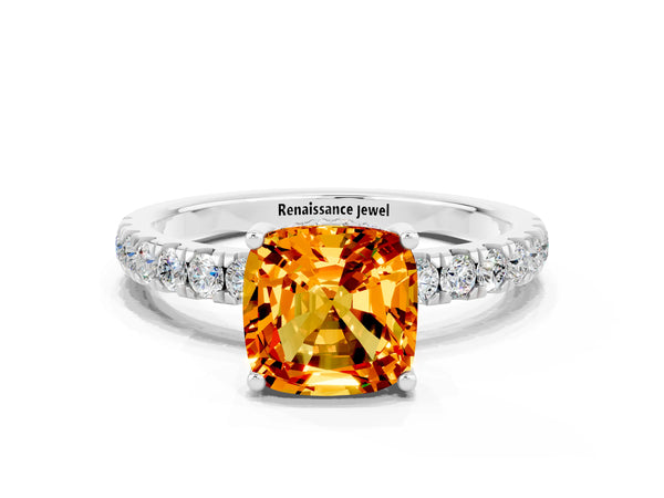 White gold Cushion Cut Citrine Pave Band Solitaire Ring with Round  and Prong Setting