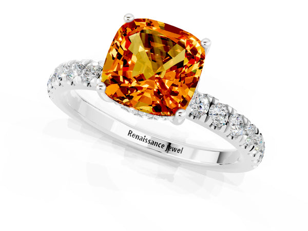 Silver Cushion Cut Citrine Pave Band Solitaire Ring with Round  and Prong Setting