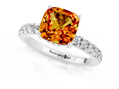 White gold Cushion Cut Citrine Pave Band Solitaire Ring with Four-Prong Setting_25