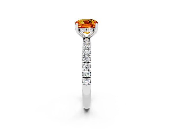 Silver Cushion Cut Citrine Pave Band Solitaire Ring with Round  and Prong Setting