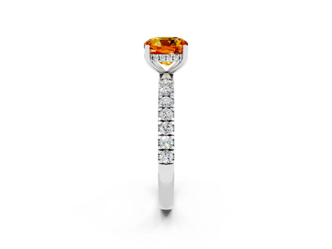 White gold Cushion Cut Citrine Pave Band Solitaire Ring with Four-Prong Setting_26