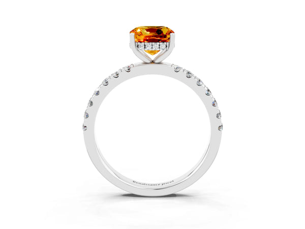 Silver Cushion Cut Citrine Pave Band Solitaire Ring with Round  and Prong Setting
