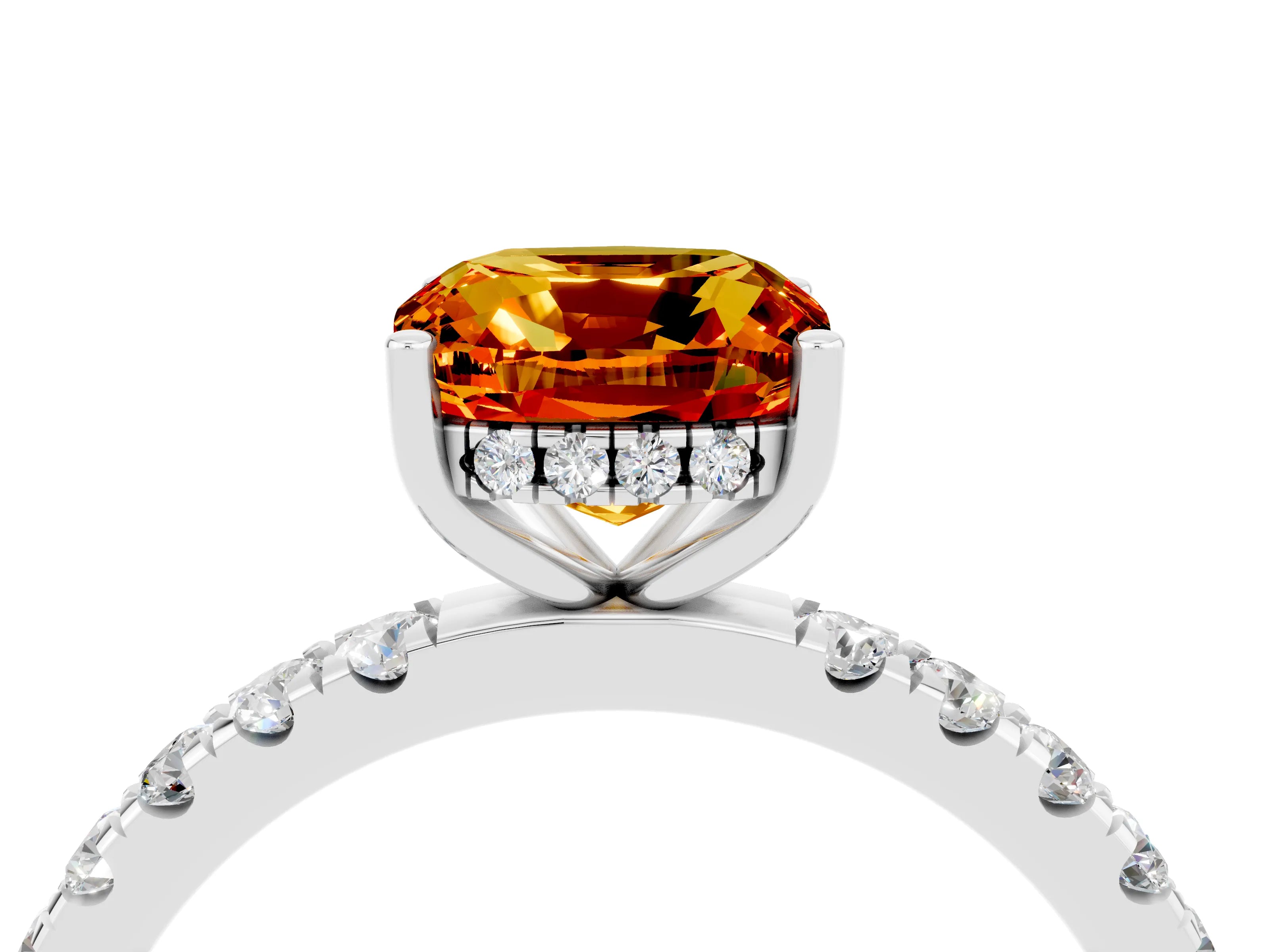 White gold Cushion Cut Citrine Pave Band Solitaire Ring with Four-Prong Setting_28