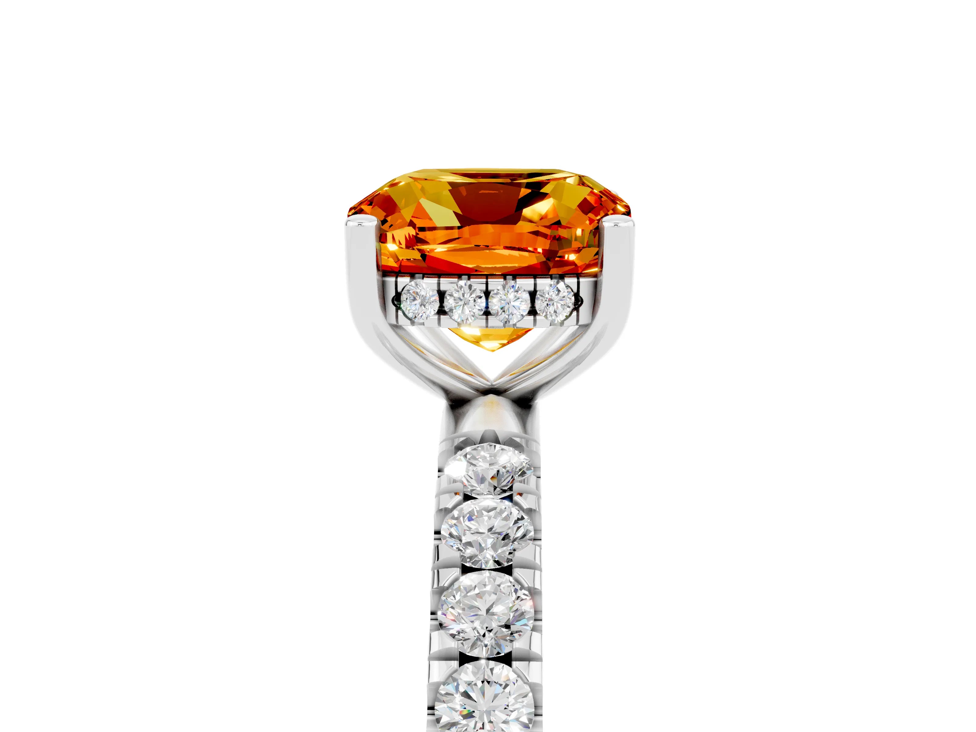 White gold Cushion Cut Citrine Pave Band Solitaire Ring with Four-Prong Setting_29