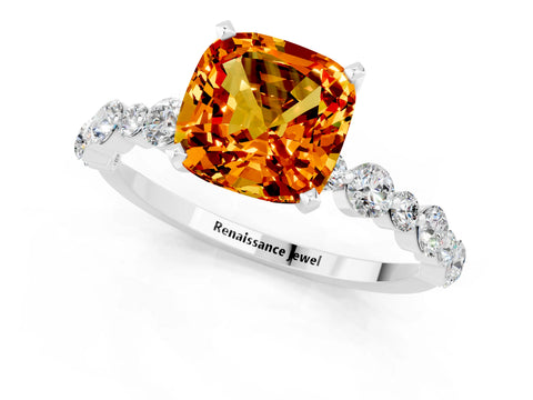White gold Cushion Cut Citrine Prong Set Engagement Ring with Pavé Band_1