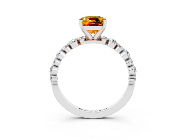 Platinum Cushion Cut Citrine Prong Set Engagement Ring with Pavé Band