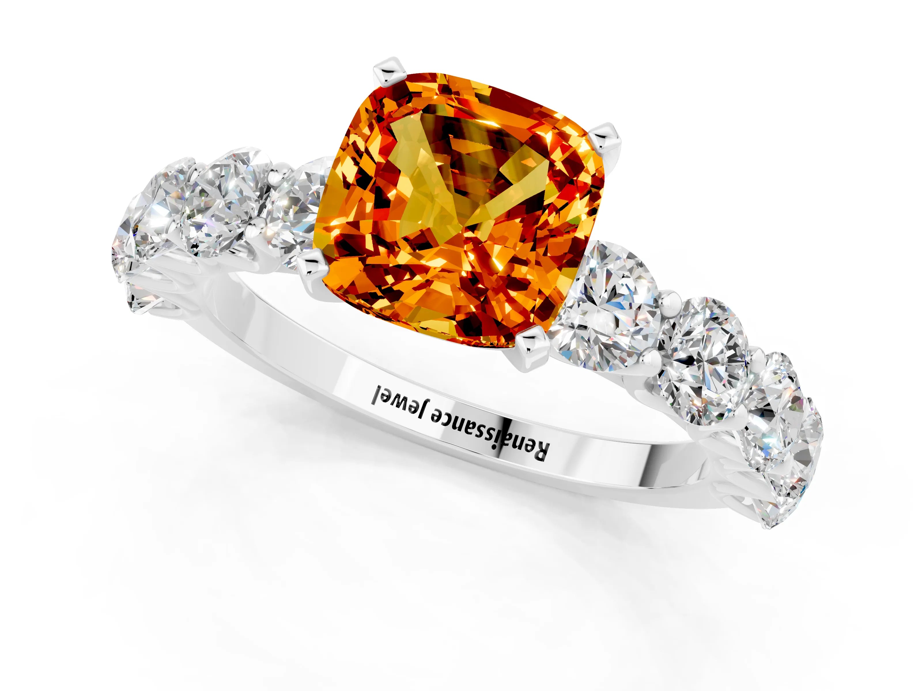 White gold Cushion Cut Citrine Prong Setting with Side Stones on a Pave Band_1