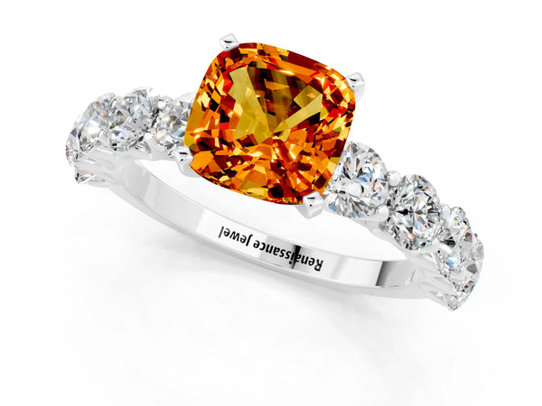 Silver Cushion Cut Citrine Prong Setting with Side Stones on a Pave Band