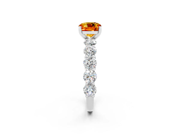 Platinum Cushion Cut Citrine Prong Setting with Side Stones on a Pave Band