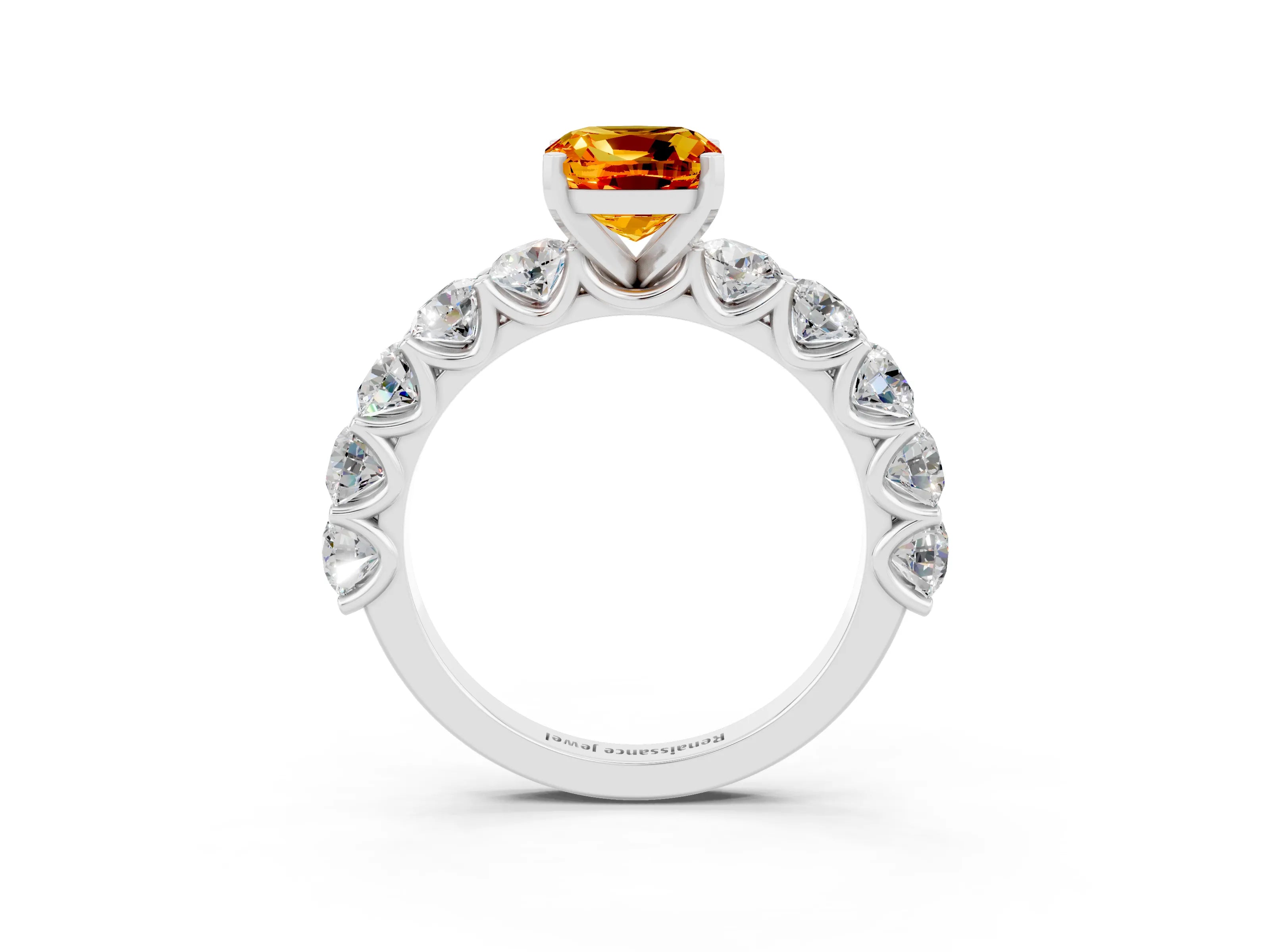 White gold Cushion Cut Citrine Prong Setting with Side Stones on a Pave Band_3