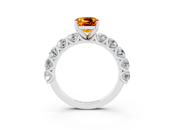 Silver Cushion Cut Citrine Prong Setting with Side Stones on a Pave Band