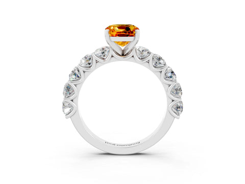 White gold Cushion Cut Citrine Prong Setting with Side Stones on a Pave Band_3