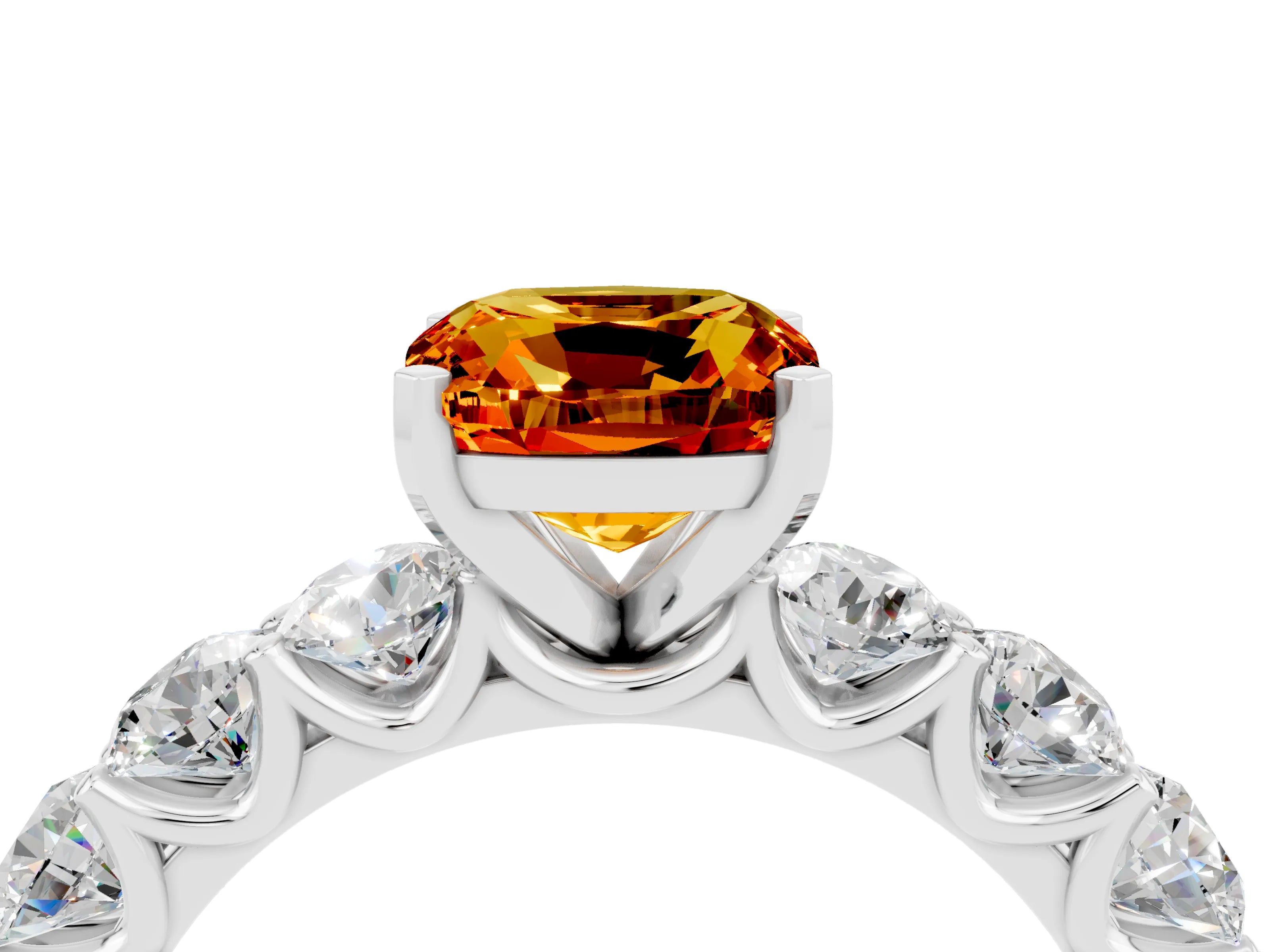 White gold Cushion Cut Citrine Prong Setting with Side Stones on a Pave Band_4