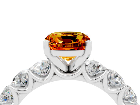 White gold Cushion Cut Citrine Prong Setting with Side Stones on a Pave Band_4