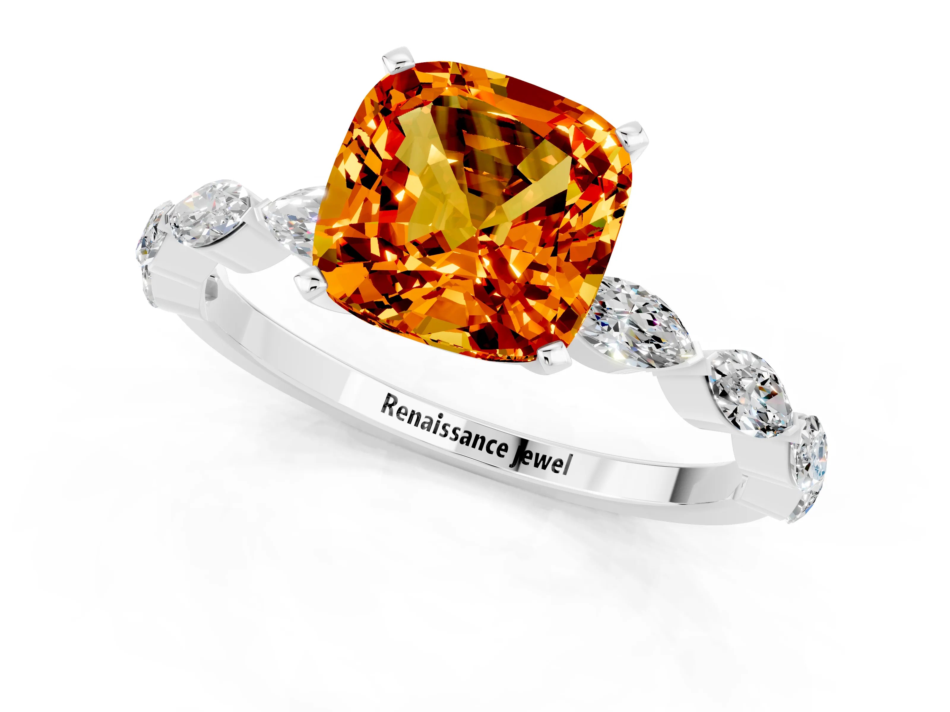 White gold Cushion Cut Citrine Ring with Marquise Side Stones and Prong Setting_1