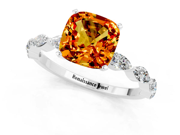 Platinum Cushion Cut Citrine Ring with Marquise Side Stones and Prong Setting