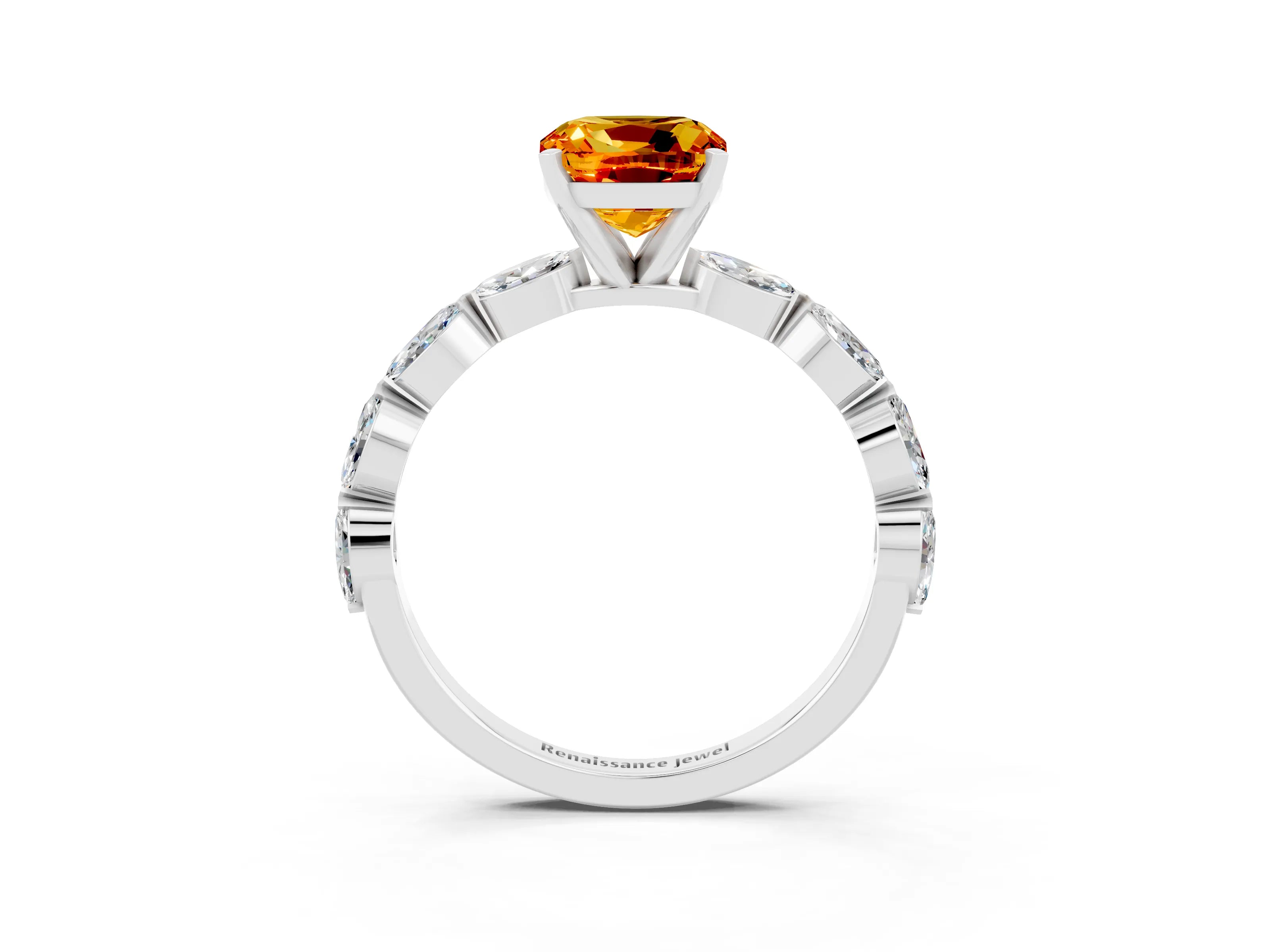 White gold Cushion Cut Citrine Ring with Marquise Side Stones and Prong Setting_3