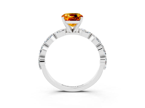 White gold Cushion Cut Citrine Ring with Marquise Side Stones and Prong Setting_3