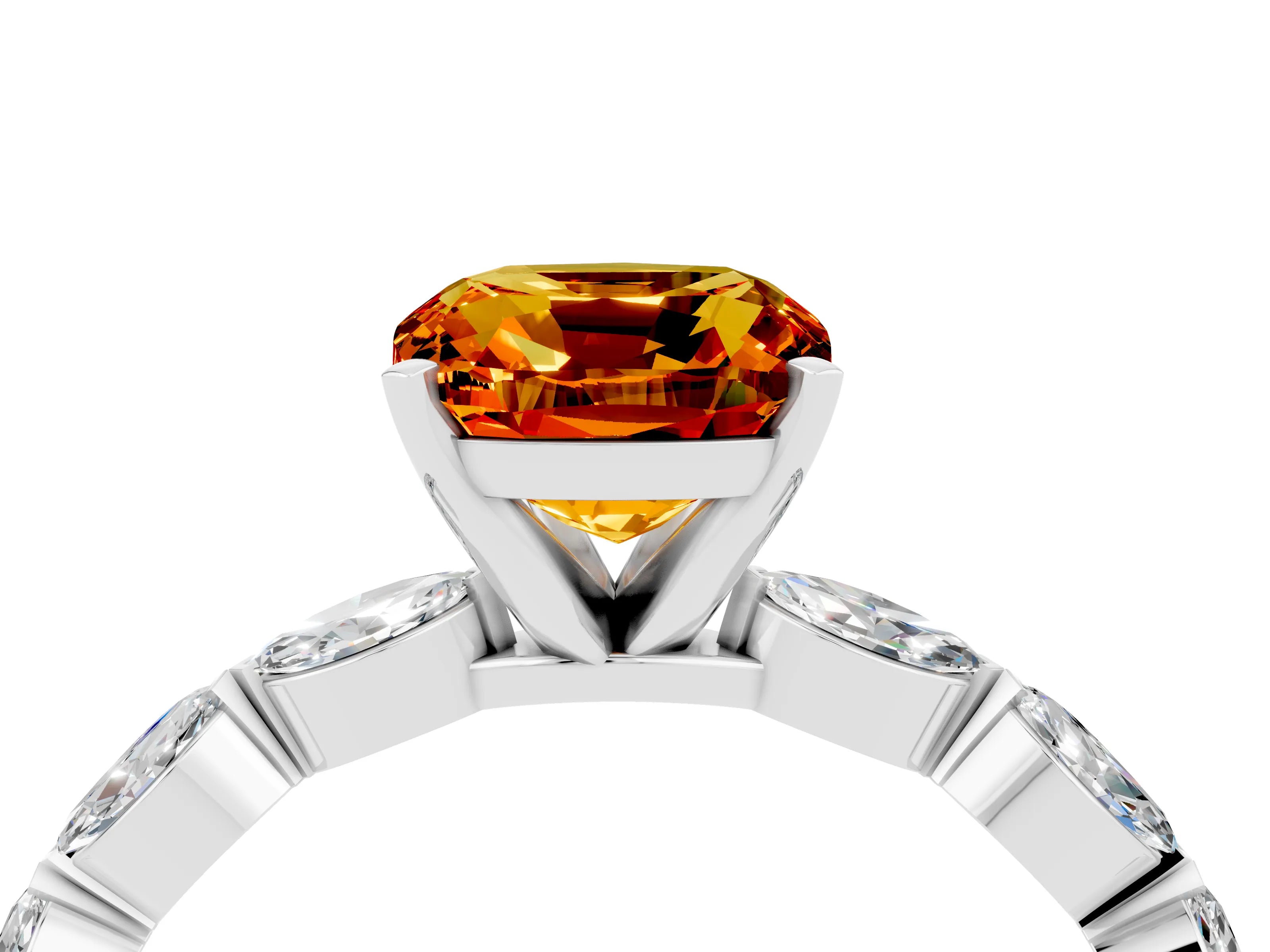 White gold Cushion Cut Citrine Ring with Marquise Side Stones and Prong Setting_4