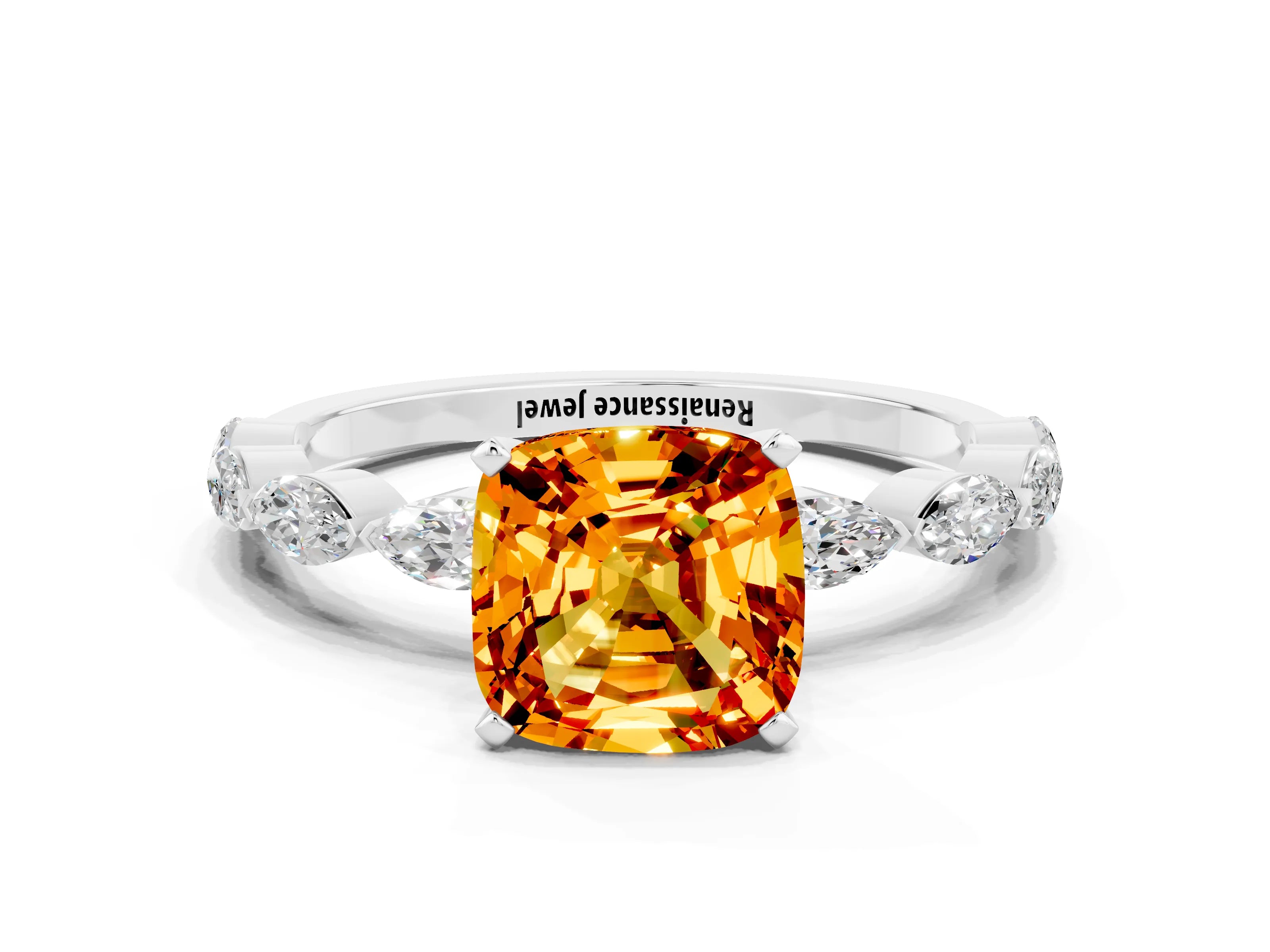 White gold Cushion Cut Citrine Ring with Marquise Side Stones and Prong Setting