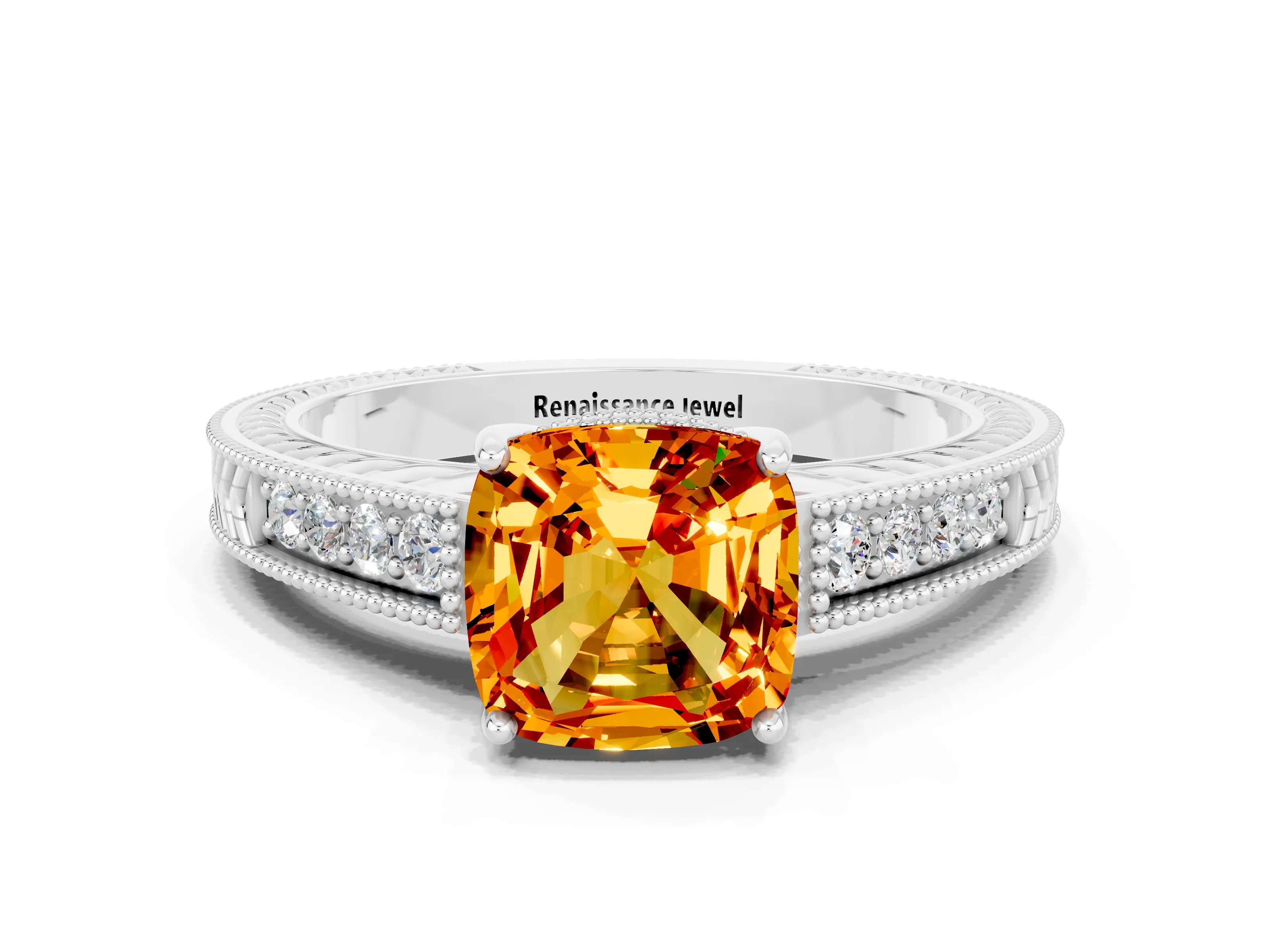 White gold Cushion Cut Citrine Ring with Milgrain Pavé Band and Four-Prong Setting_12