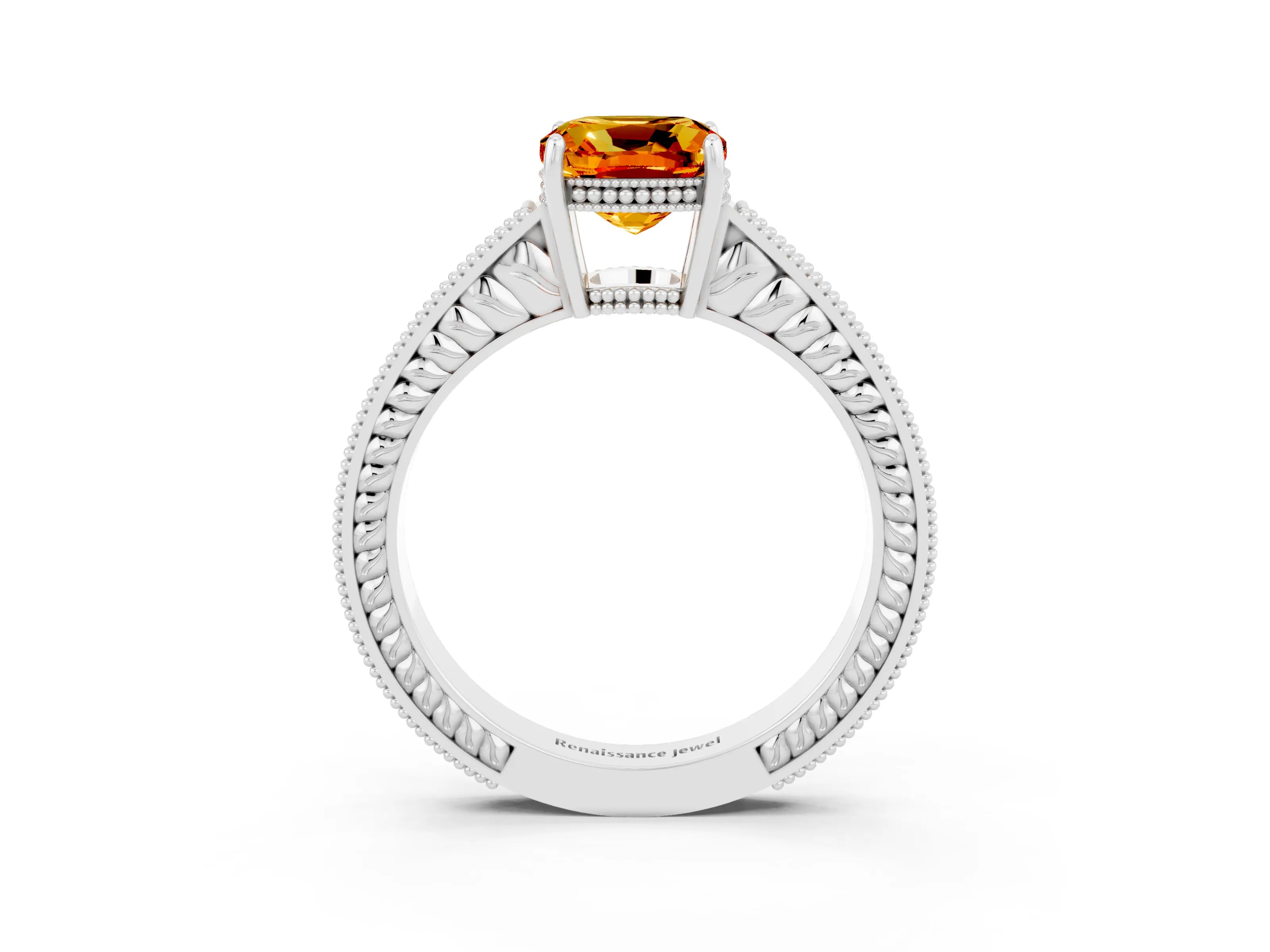 White gold Cushion Cut Citrine Ring with Milgrain Pavé Band and Four-Prong Setting_15