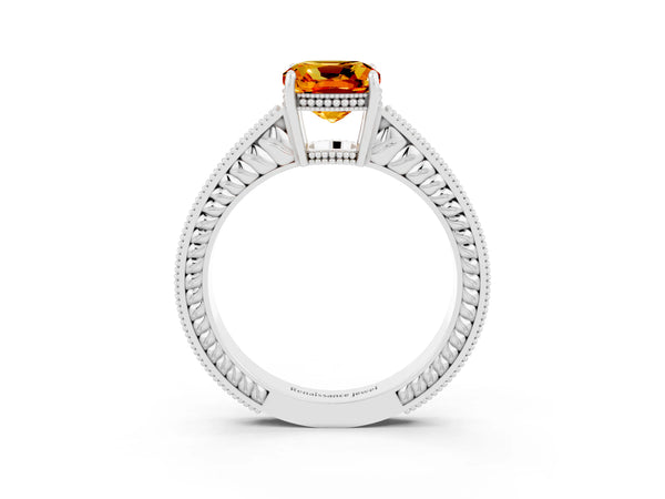 Silver Cushion Cut Citrine Ring with Milgrain Pavé Band and Four-Prong Setting