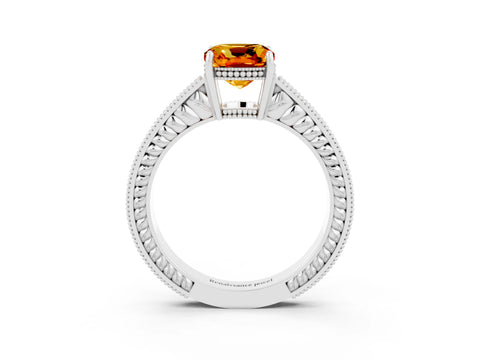 White gold Cushion Cut Citrine Ring with Milgrain Pavé Band and Four-Prong Setting_15