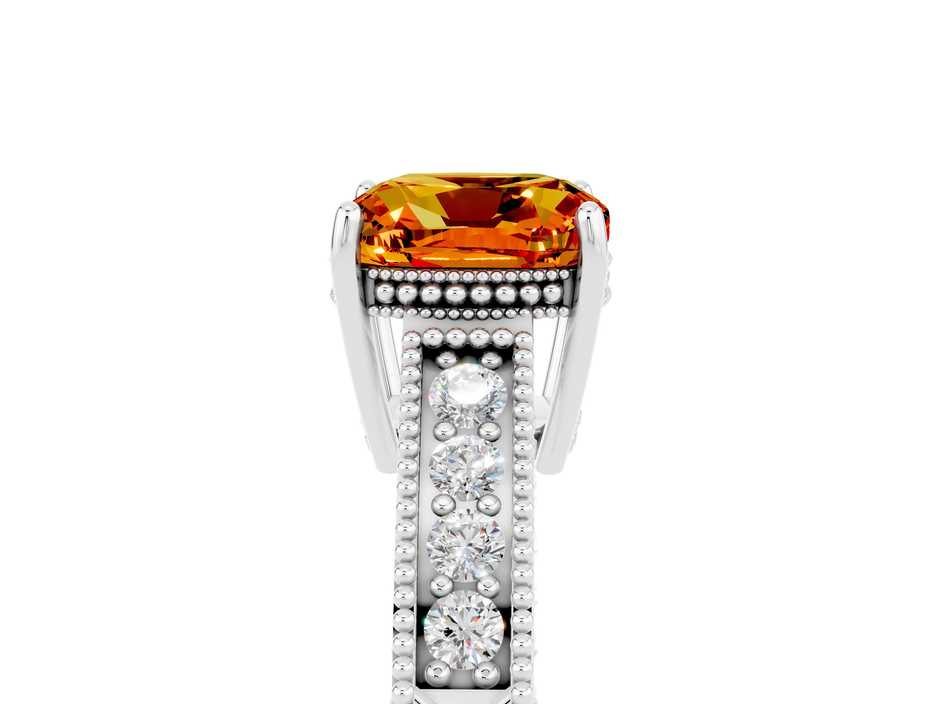 White gold Cushion Cut Citrine Ring with Milgrain Pavé Band and Four-Prong Setting_17