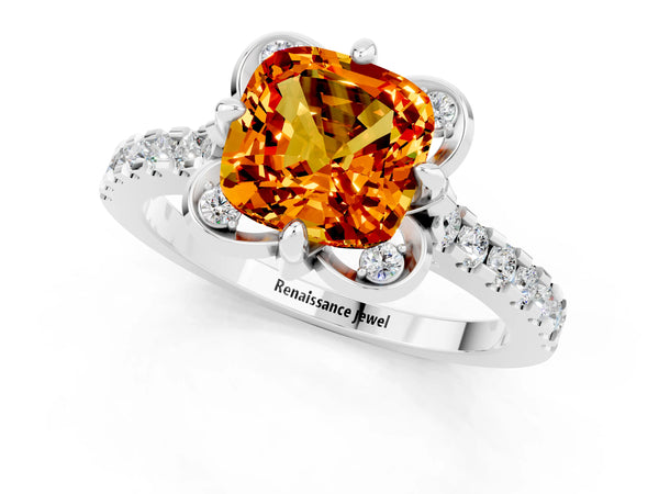 Platinum Cushion Cut Citrine Ring with Pavé Band and Floral Prong Setting