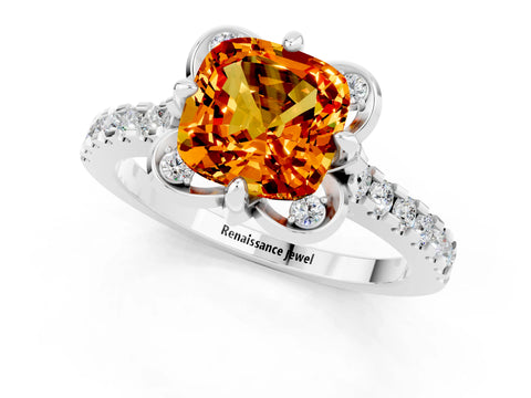 White gold Cushion Cut Citrine Ring with Pavé Band and Floral Prong Setting_1