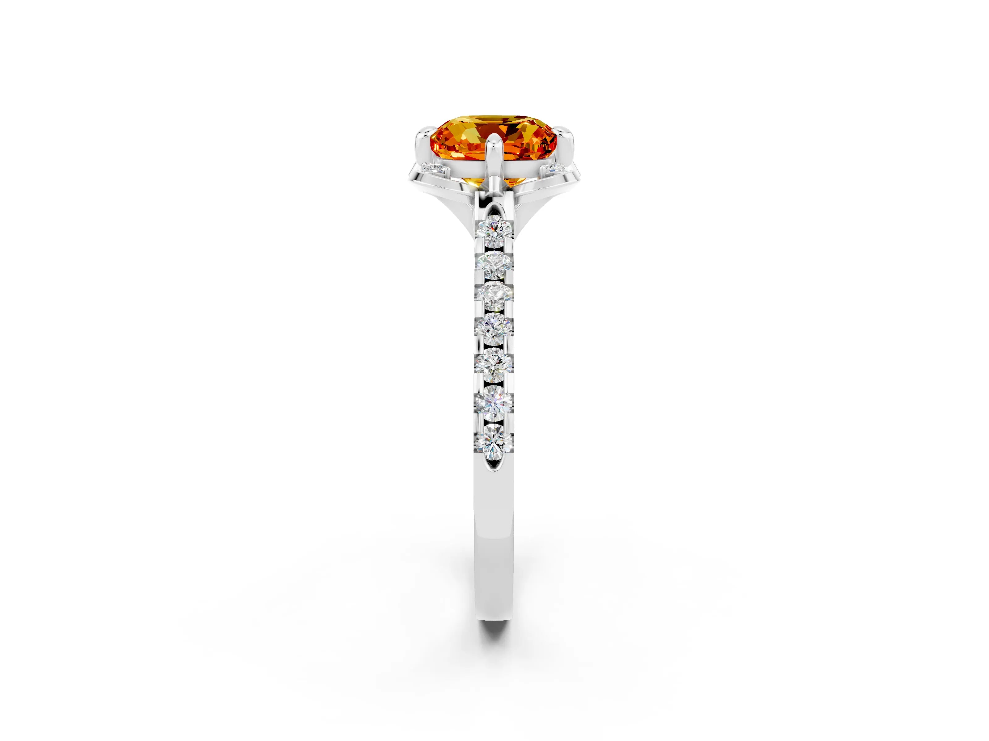 White gold Cushion Cut Citrine Ring with Pavé Band and Floral Prong Setting_2