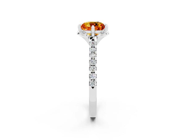 Silver Cushion Cut Citrine Ring with Pavé Band and Floral Prong Setting