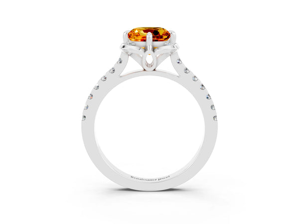 Silver Cushion Cut Citrine Ring with Pavé Band and Floral Prong Setting