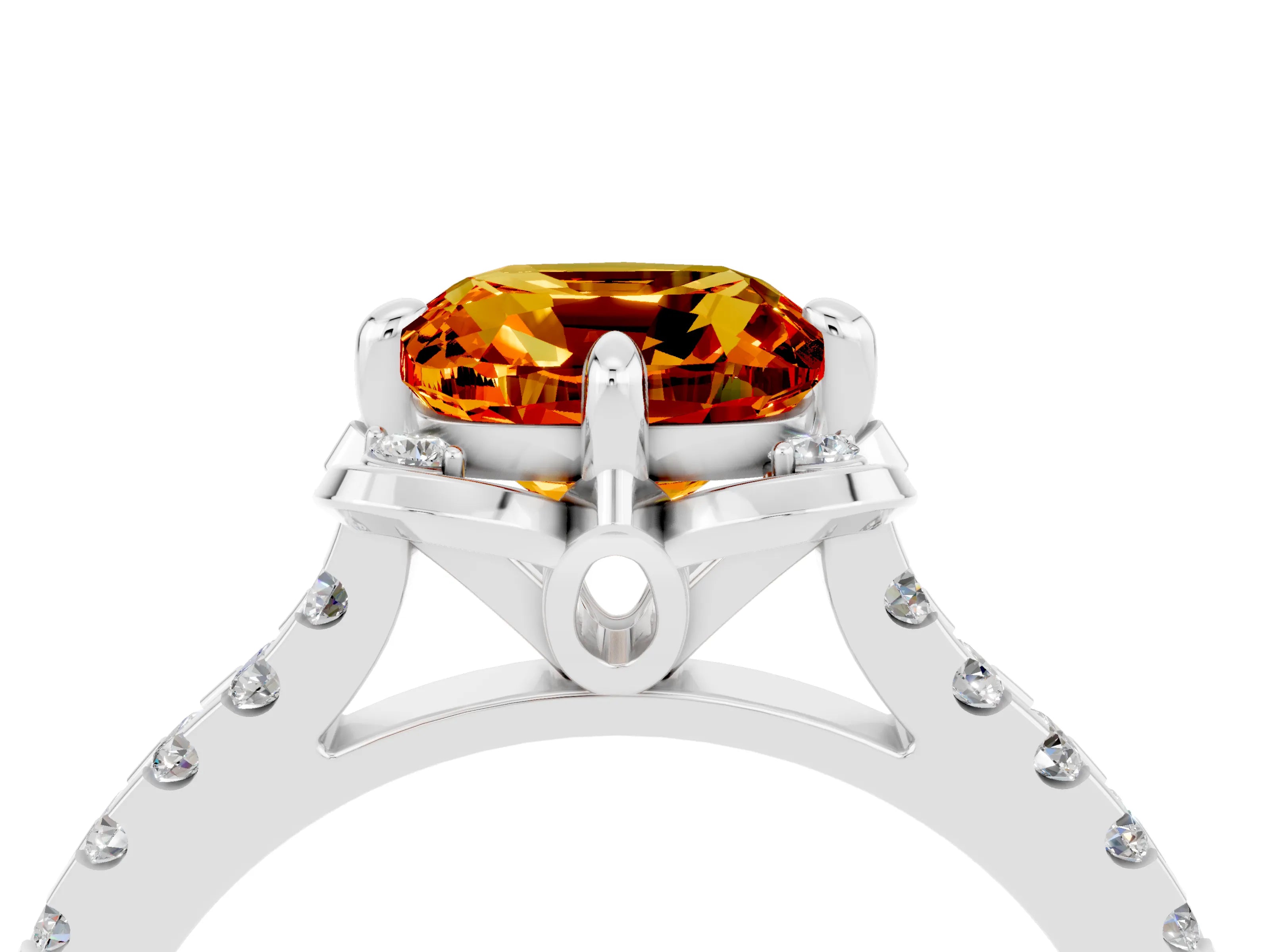 White gold Cushion Cut Citrine Ring with Pavé Band and Floral Prong Setting_4