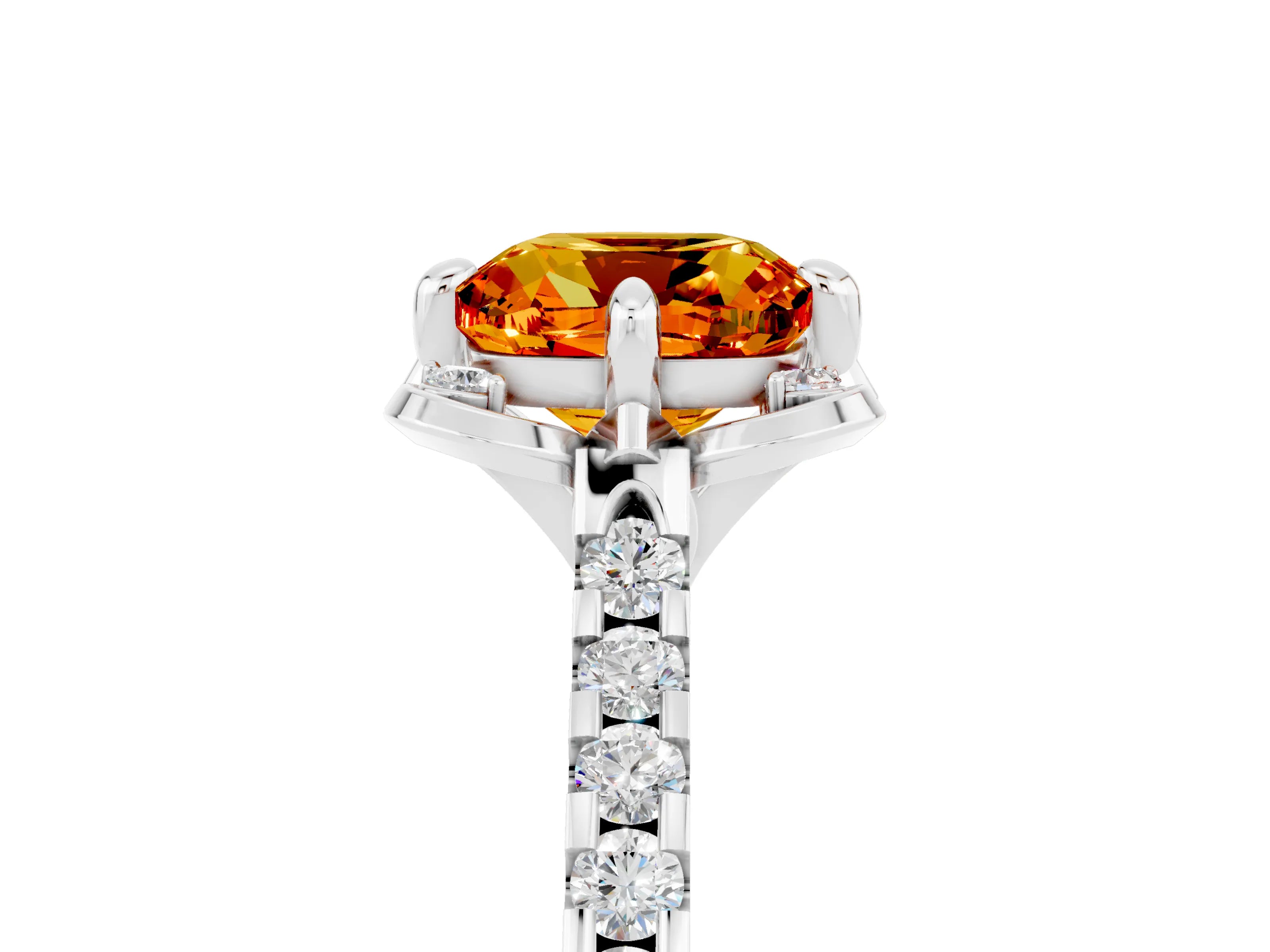 White gold Cushion Cut Citrine Ring with Pavé Band and Floral Prong Setting_5