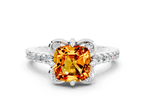 White gold Cushion Cut Citrine Ring with Pavé Band and Floral Prong Setting